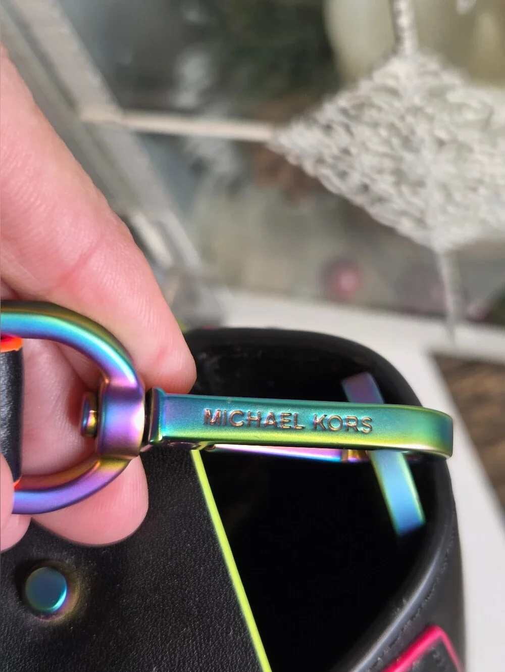 Michael Kors Manhattan Medium Black Leather Satchel Neon Oil Slick